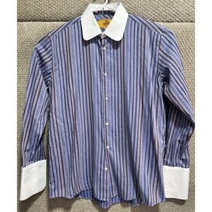 R Lewis Long Sleeve Button Down French Cuff‎ Purple Striped Slim Fit 17.5 36/37